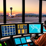 **Busy airport control tower at sunset, showcasing air traffic controllers managing flights, radar screens glowing, focus on technology and teamwork. Emphasize the importance of clear communication and coordination.**