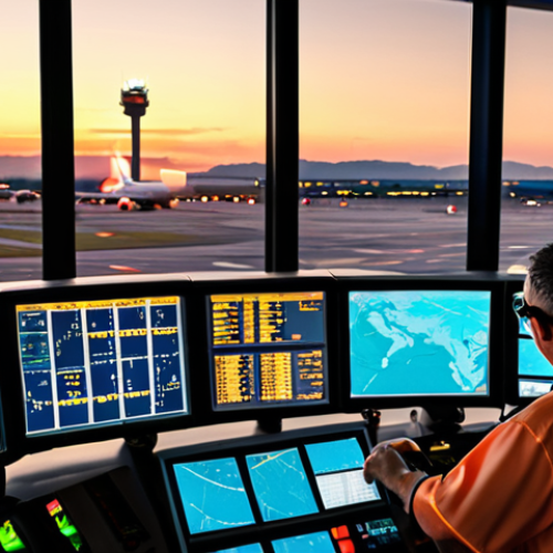 Home 4 **Busy airport control tower at sunset, showcasing air traffic controllers managing flights, radar screens glowing, focus on technology and teamwork. Emphasize the importance of clear communication and coordination.**