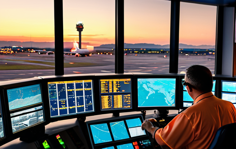 **Busy airport control tower at sunset, showcasing air traffic controllers managing flights, radar screens glowing, focus on technology and teamwork. Emphasize the importance of clear communication and coordination.**