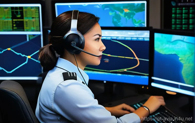 항공운항관리사 비행기 정비와 협력 - Image Prompt 1: The Flight Dispatcher's Command Center**