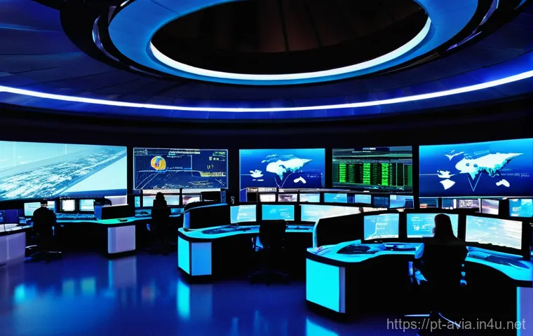 항공운항관리사와 항공사 프로세스 - **AI-Powered Flight Optimization & Planning Center**
A highly detailed, futuristic panoramic vie...
