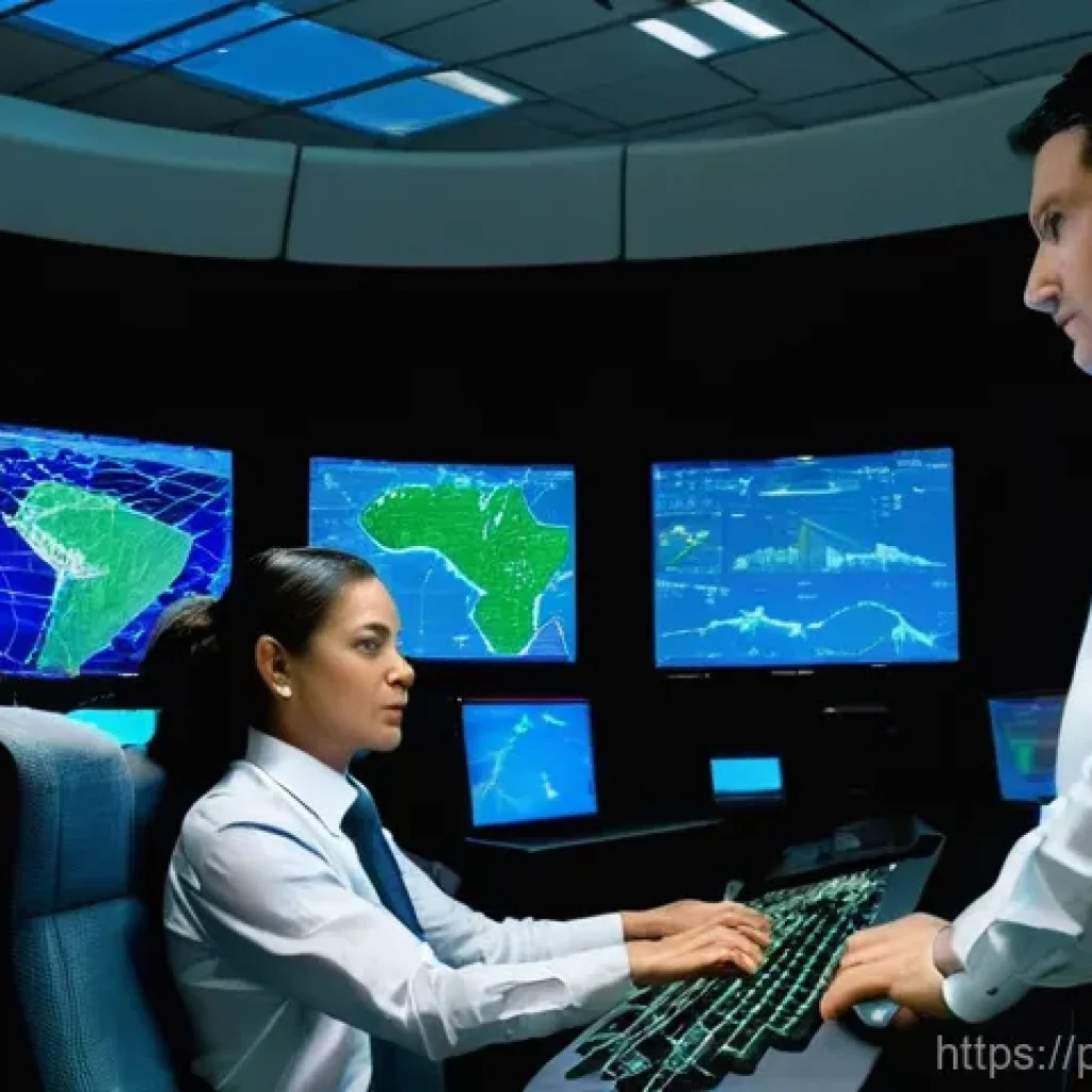항공운항관리사 업무 환경 개선 - **Prompt:** A modern, high-tech air traffic control center in Brazil at dusk, bathed in the soft glo...