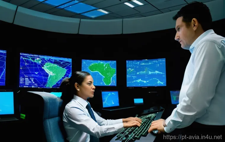 항공운항관리사 업무 환경 개선 - **Prompt:** A modern, high-tech air traffic control center in Brazil at dusk, bathed in the soft glo...