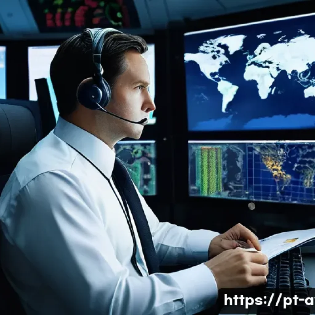 항공운항관리사와 항공통제센터 협력 - **Prompt: The Master Strategist of the Skies**
    "A highly focused operational flight dispatcher, ...