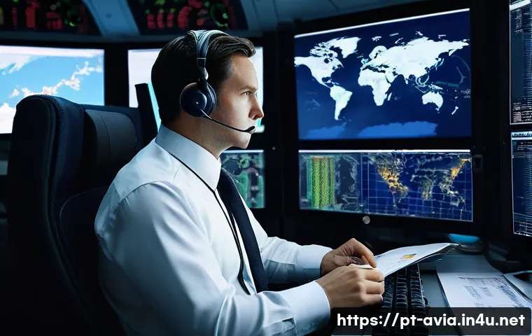 항공운항관리사와 항공통제센터 협력 - **Prompt: The Master Strategist of the Skies**
    "A highly focused operational flight dispatcher, ...