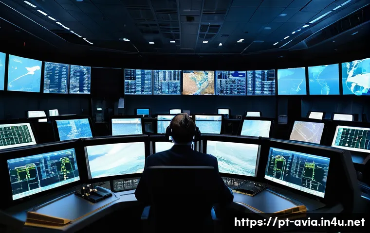 항공운항관리사 응급 상황 대처 - A highly detailed air traffic control tower interior during a crisis, showing an experienced air tra...