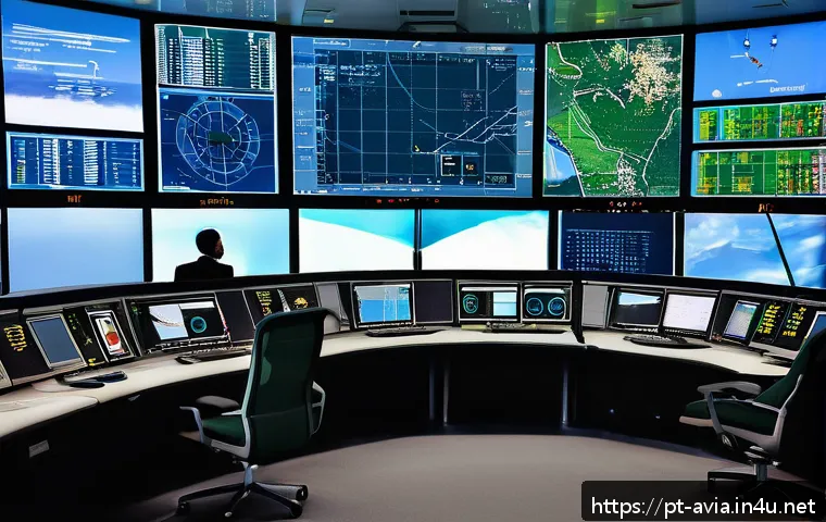 항공운항관리사 면접 질문 - A highly detailed scene inside a modern air traffic control tower in Brazil, showing a diverse group...