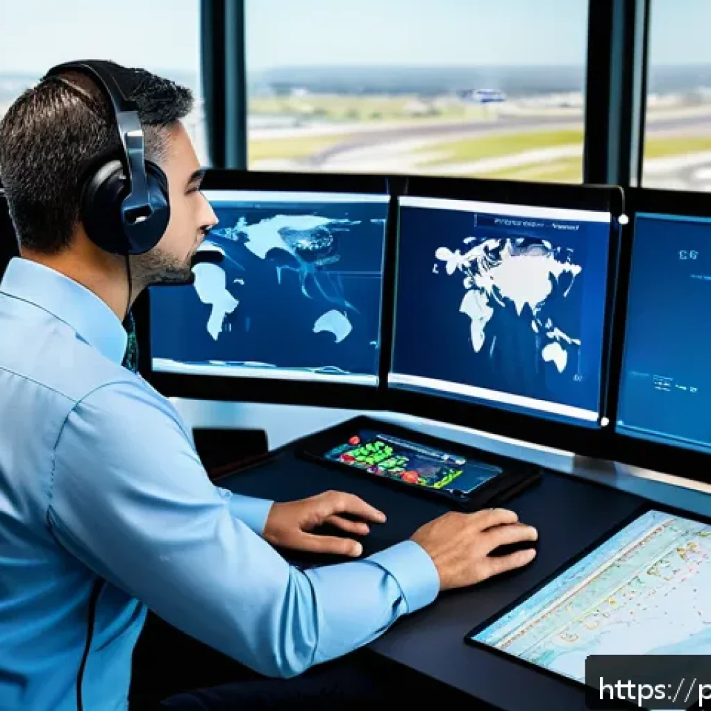 항공운항관리사 업무 스트레스 관리 - A professional air traffic controller in a modern control tower, sitting on an ergonomic chair with ...