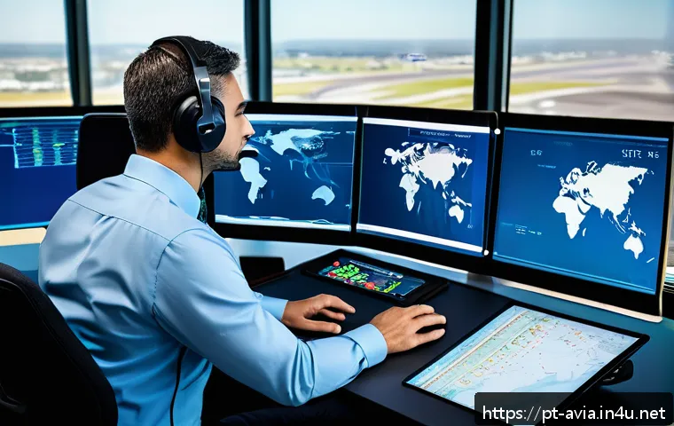 항공운항관리사 업무 스트레스 관리 - A professional air traffic controller in a modern control tower, sitting on an ergonomic chair with ...