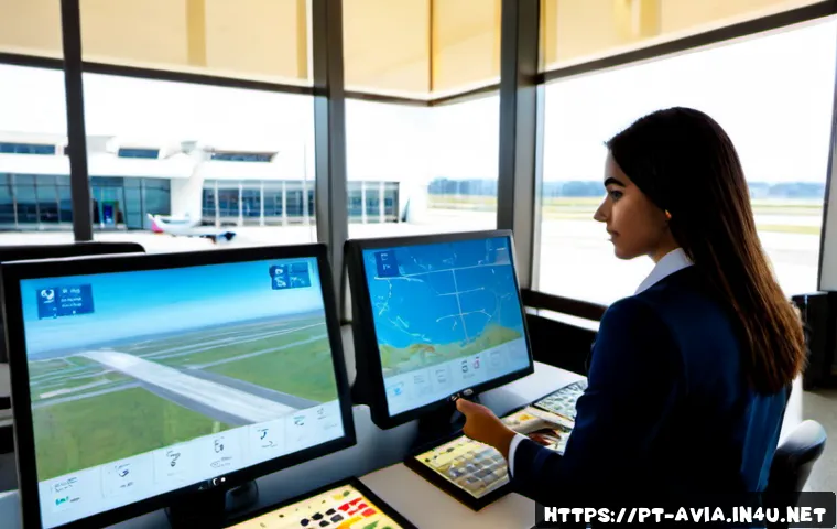 Home 17 항공운항관리사 커리어 패스 - Photorealistic aviation operations trainee in a modern Portuguese airport control office, reviewing ...
