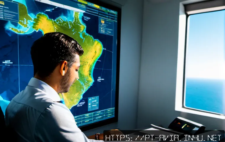 Home 17 항공운항관리사 항공기 연료 절약법 - Photorealistic airline operations control room in Portugal, experienced flight dispatcher studying a...